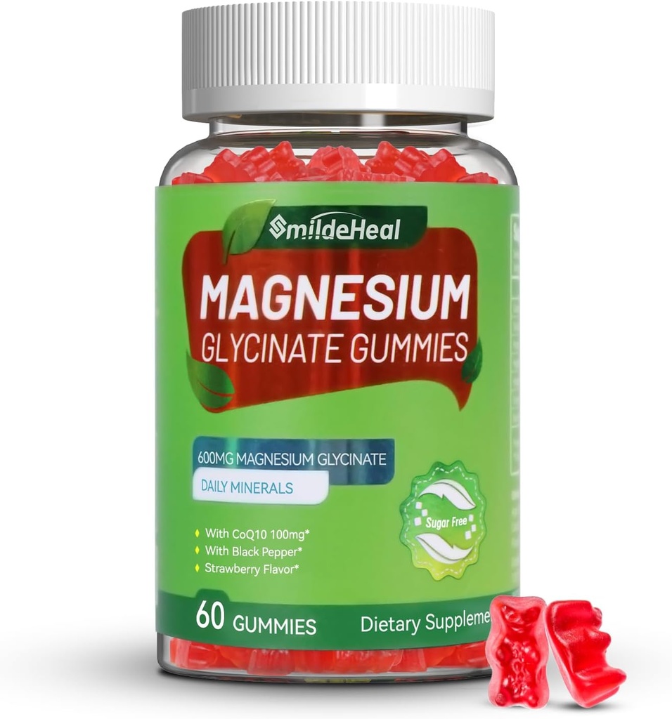 Magnesium Glycinate Gummies 600mg para Hombres Mujer, con Magnesium L-Threonate 300mg, CoQ10 y Black Pepper, Vegan (60 Conde)