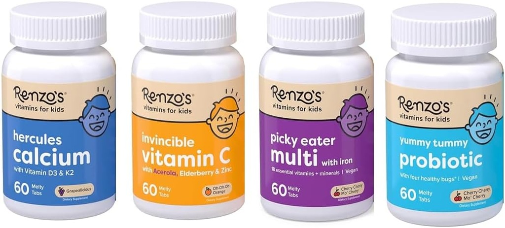 Renzo's Vitamins Kid Essential Bundle - Probiótico, Vitamina C con Elderberry & Zinc para Immune Support, Picky Eater Kids Multivitamin, y Hércules Calcium