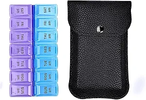 VOFOON Travel Pill Organizer 2 veces al día, PU Leather Portable Pill Case for Women/Men, 7 Day AM Pill Box with Travel Pouch Medicine Organizer for Vitamins Medicine Fish Oils Supplements (Small)