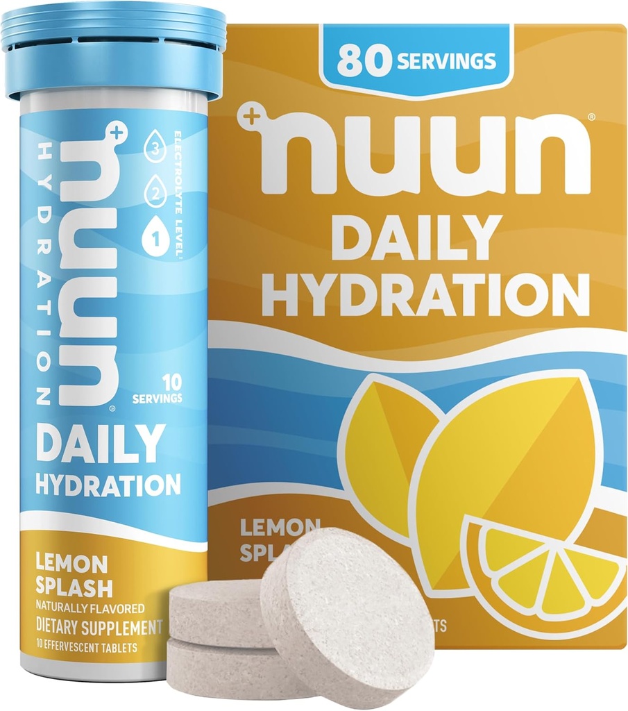 Nuun Daily Electrolyte Tablets with Magnesium, Calcium, Potassium, Chloride & Sodium, Gluten Free, Sugar Free, & Vegan, Lemon Splash Flavor, 8 Pack (80 Servings Total)