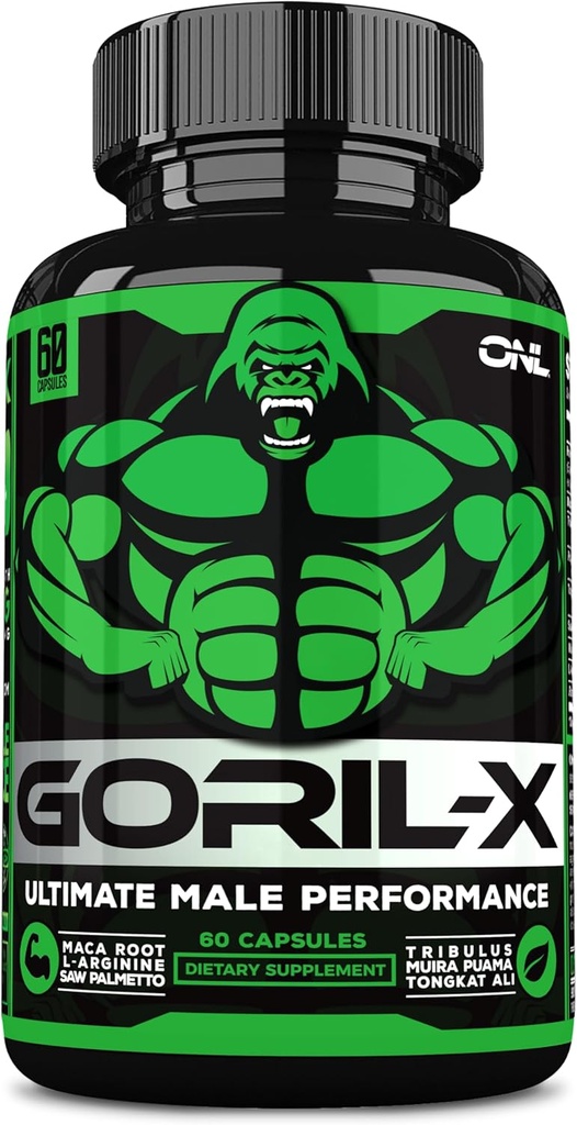 GORIL-X Testosterone Booster para Hombre - Workout Testosterone Suplemento - Aumentar Tamaño, Fuerza &amp; Energía - 1000mg Male Enhancing Horny Goat Weed - Maca Root, Tongkat Ali & Tribulus Terrestris 60 Caps