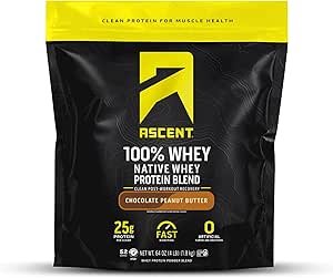 Ascent 100% Whey Protein Powder - Post Workout Whey Protein Isolate, Zero Artificial Flavors &amp; Sweeteners, Gluten Free, 5.5g BCAA, 2.6g Leucine, Essential Amino Acids, Chocolate Peanut Butter 4 lb