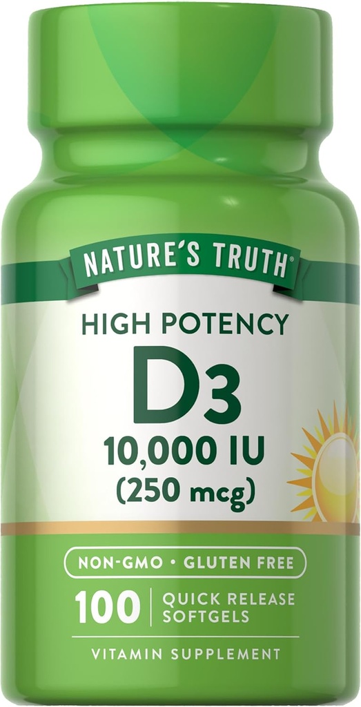 La verdad de la naturaleza D3 Vitamina 10,000 U Softgels Suplemento Silencio 100 Cuenta Silencioso Fórmula de alta potencia