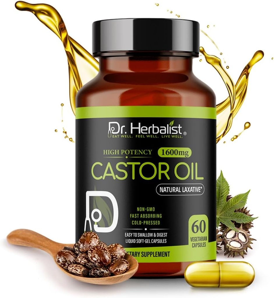 Dr. HERBALIST Castor Oil Capsules - 1600mg por Serving, 60 Cuenta - Non-GMO, Fast-Absorbing, Vegetarian, Cold-Presed, y High Potency - Supports Skin, Hair, Natural Laxatives and Digestive Health