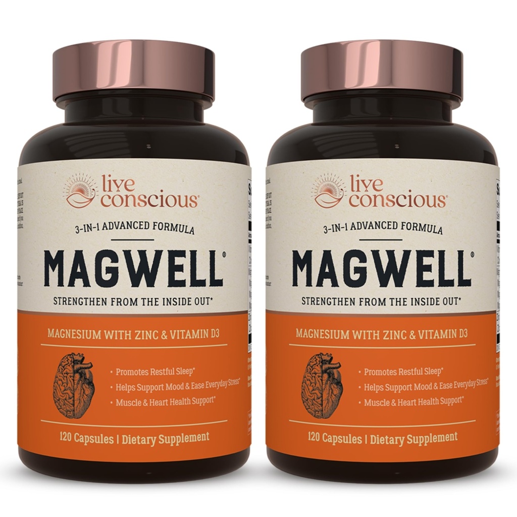 Live Conscious Magnesium Zinc & Vitamin D3 - Bioavailable Forms of Magnesium - Malate, Glycinate, Citrate - MagWell Bone & Heart Health, Immune System Support - 120 Capsules (2-Pack)