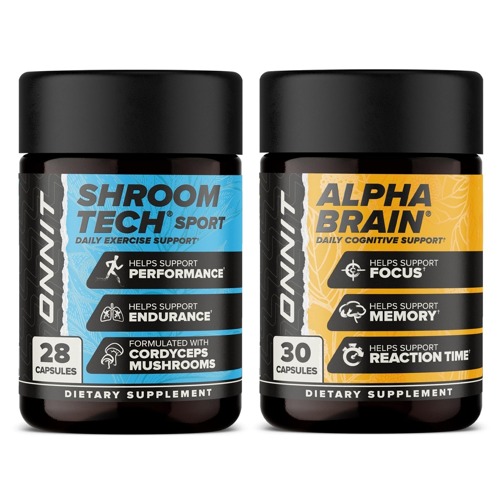 ONNIT Premium Alpha Brain Bundle - Suplemento Nootropic Brain (30 Conde) para Focus, Concentration &amp; Memory + Shroom Tech Sport para el ejercicio, Energía y rendimiento cardiovascular (28 Conde)