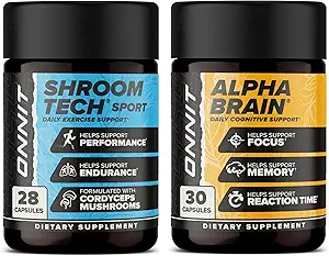 ONNIT Premium Alpha Brain Bundle - Suplemento Nootropic Brain (30 Conde) para Focus, Concentration &amp; Memory + Shroom Tech Sport para el ejercicio, Energía y rendimiento cardiovascular (28 Conde)