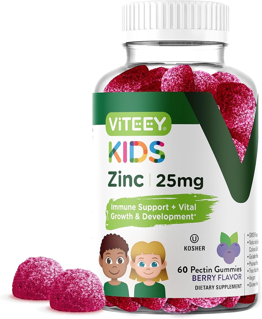 Viteey Zinc for Kids Gummies, 25mg - Immune Support - Potente antioxidante natural, Niños Zinc Vitamin Suplemento - Vegan, Gelatin Gratis, Gluten Gratis - Tasty Chewable Berry Flavor Gummy