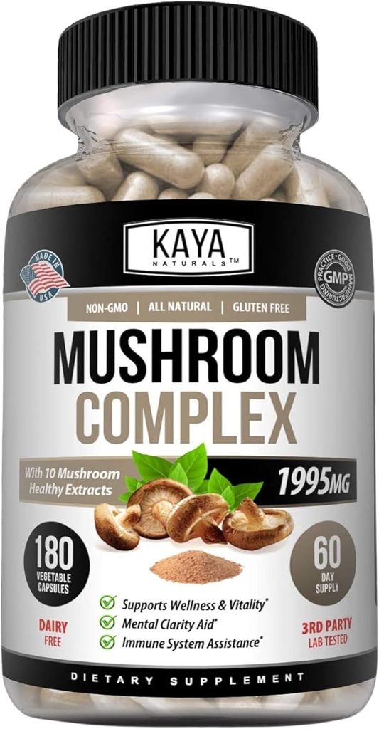 Kaya Naturals Premium Mushroom Complex Potent - Mushroom Supplement - Mushroom Complex Capsules 1995mg Por Serving - Aids Mental Clarity Supports Immune System, Wellness & Vitality - 180 Count