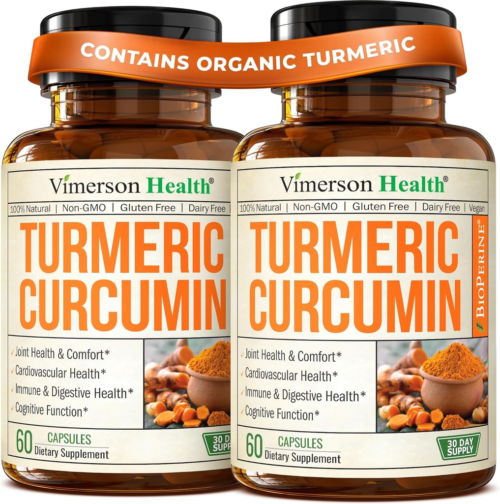 Suplemento de Curcumina Turmérica con Extracto de Pepper Negro - Turmérico orgánico de alta potencia 1200 mg " 95% Curcuminoides para la salud conjunta " Digestiva - Suplemento de soporte conjunto - 60 cápsulas de Curcuma - 2 Pack