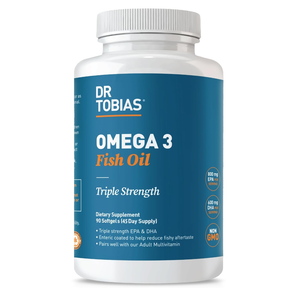 Dr. Tobias Omega 3 Fish Oil, 2000mg Triple Strength con 800mg EPA 600mg DHA Por Serving, Fish Oil Omega 3 Suplementos para el corazón, Brain &amp; Immune Support, 90 Softgels, 45 Servings