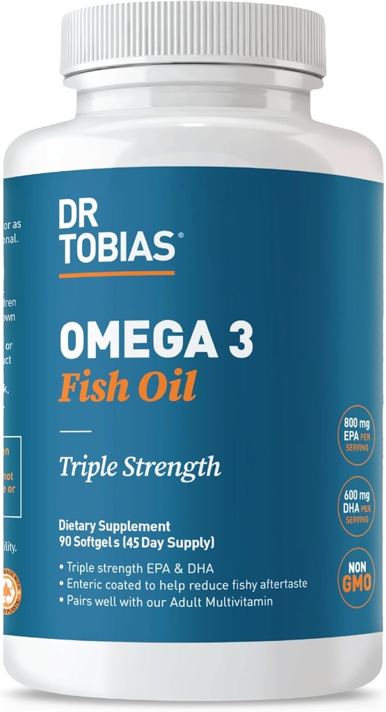 Dr. Tobias Omega 3 Fish Oil, 2000mg Triple Strength con 800mg EPA 600mg DHA Por Serving, Fish Oil Omega 3 Suplementos para el corazón, Brain &amp; Immune Support, 90 Softgels, 45 Servings