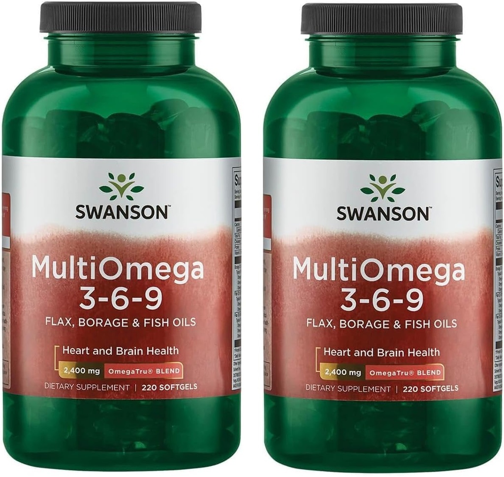 Swanson MultiOmega 3-6-9 - Non-GMO Flax, Borage & Fish Oil Capsules - Essential Fatty Acids Supporting Cardiovascular Health & Brain Health - (220 Softgels, 2400mg Serving) 2 Botellas
