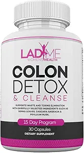 Puro Colon Cleanse " Detox 15 Day Program - Herbal Laxative Constipation Relief with Psyllium Husk, Cascara Sagrada " Senna Leaves - Special Women Intestinal Cleanser by Ladyme - 30 Capsules