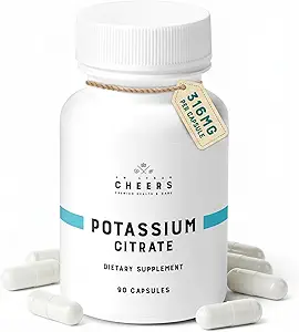 Cheers Potassium Citrate Suplemento ← 316mg Por Capsule tención 20% Daily Value tención Asistencia Muscle, Nerve & Heart Function ← High Absorption Electrolyte for Potassium Deficiency tención 90 Vegan Capsules