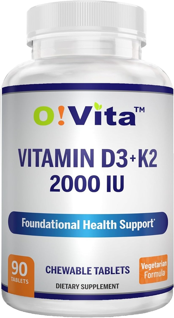 Vitamina D3 + K2 2000IU Chewable for Bone Health Support, 90 comprimidos vegetarianos masticables, hasta 3 meses de suministro