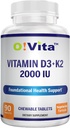 Vitamina D3 + K2 2000IU Chewable for Bone Health Support, 90 comprimidos vegetarianos masticables, hasta 3 meses de suministro