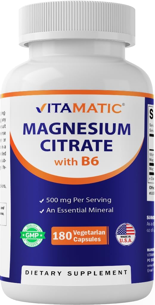 Citrato de magnesio vitamático 500 mg por servicio - 180 cápsulas vegetarianas (Provides 150 mg de Magnesio Elemental) - Añadido B6 para absorción máxima - Apoyo al músculo, articulación y salud cardíaca*