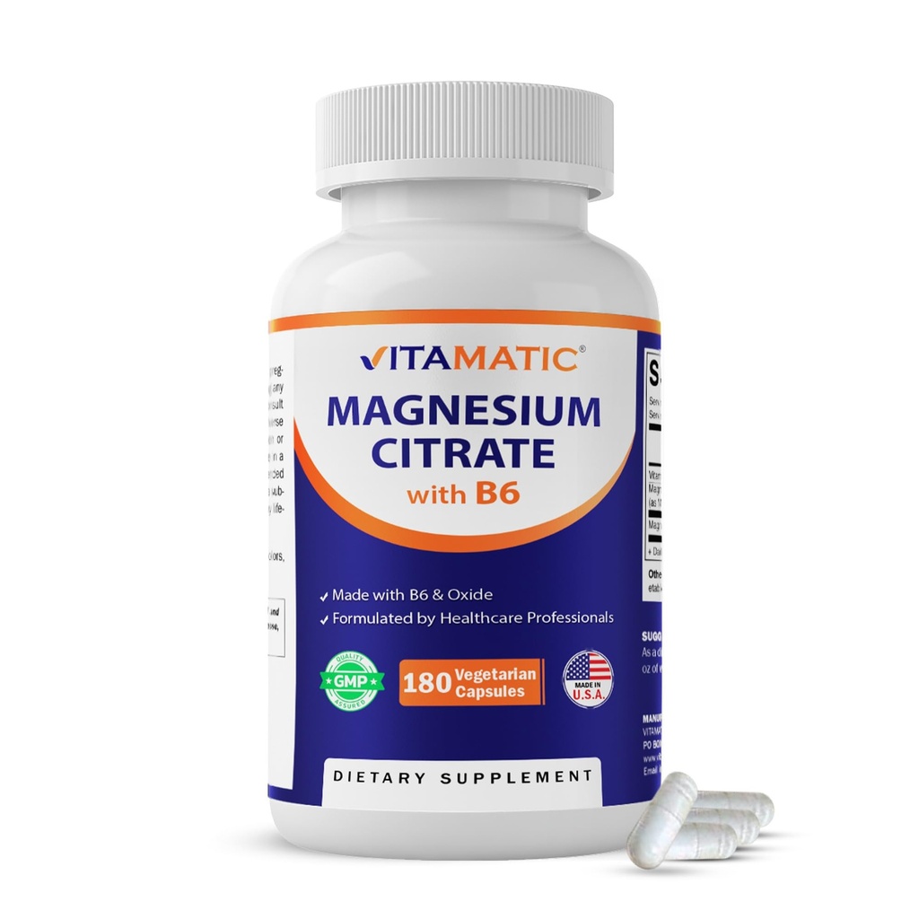 Citrato de magnesio vitamático 500 mg por servicio - 180 cápsulas vegetarianas (Provides 150 mg de Magnesio Elemental) - Añadido B6 para absorción máxima - Apoyo al músculo, articulación y salud cardíaca*