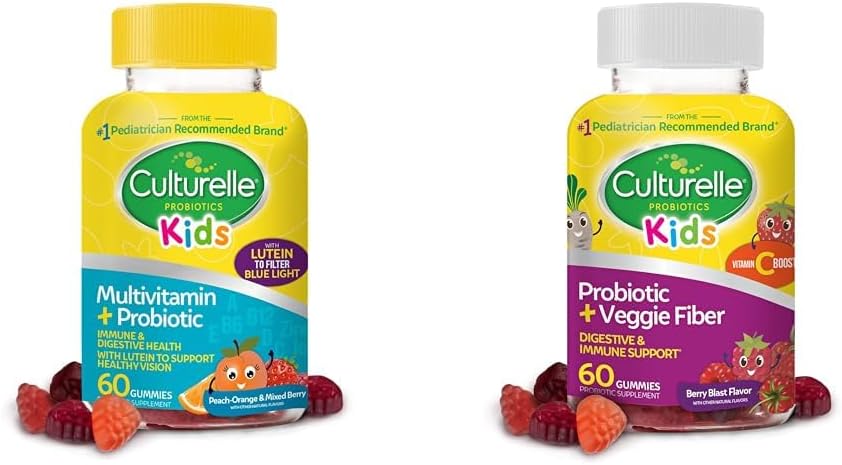 Culturelle Kids Probiotic Gummies for Ages 2+ - Peach-Orange & Mixed Berry Flavors " Daily Probiotic for Kids + Veggie Fiber Gummies (Ages 3+) - 60 Count - Digestive