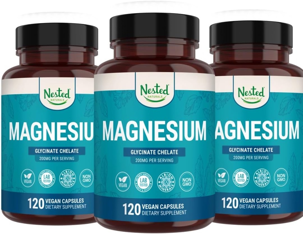 Anidado Naturales Magnesio Glycinate Chelate Ø Magnesium Suplemento para Cólicos Musculosos, Relajación, " Apoyo al sueño TENIDO 100% Chelated Albion TRACCS Magnesium Glycinate 200mg TENIDO (3-Pack)