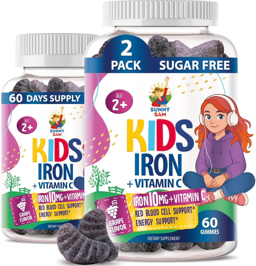 SUNNY SAM Iron Gummies for Kids &amp; Teens - Vitaminas de 10 mg con Vitamina C - Suplemento Gummy de Hierro de bajo azúcar para soporte inmunológico, apoya la producción de células de sangre roja para niños &amp; adolescentes