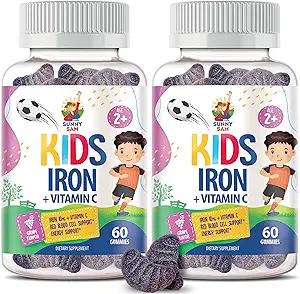 SUNNY SAM Iron Gummies for Kids &amp; Teens - Vitaminas de 10 mg con Vitamina C - Suplemento Gummy de Hierro de bajo azúcar para soporte inmunológico, apoya la producción de células de sangre roja para niños &amp; adolescentes