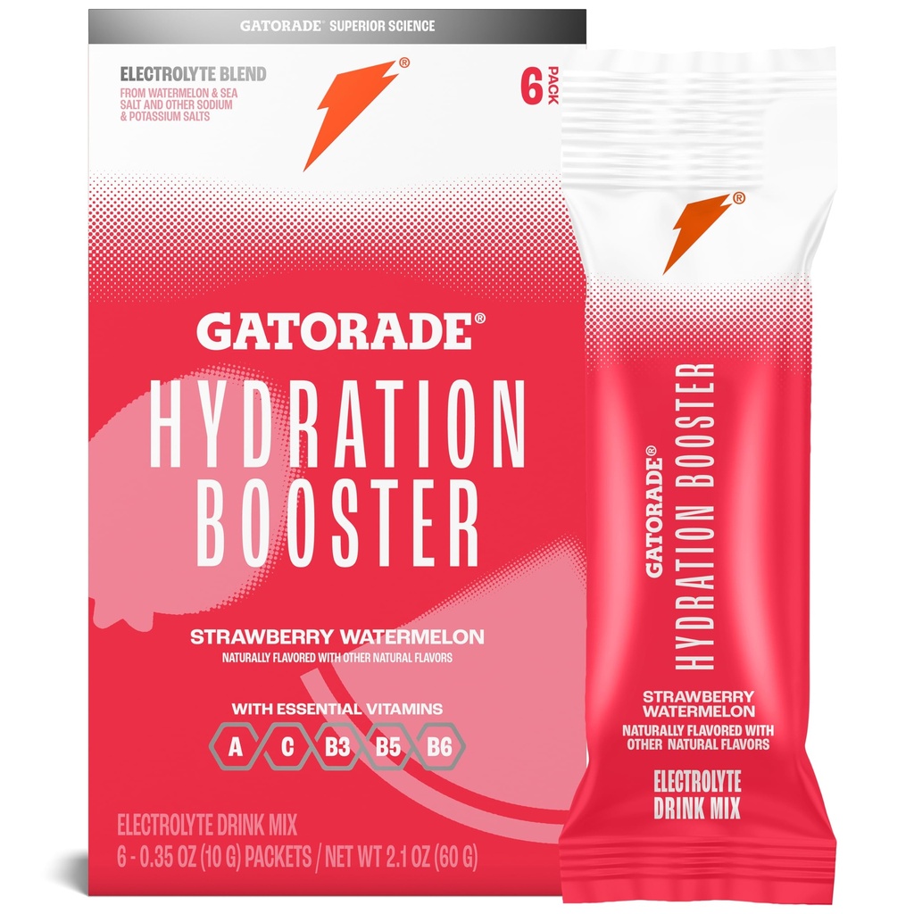 Gatorade Hydration Booster Electrolyte Drink Mix Powder Packets, Strawberry Watermelon, Advanced Electrolyte Blend, No Añadido Colores, No Artificial Sweeteners, Essential Vitamins A, C, B3, B6, Makes 20 Fl Oz (6 Pack)