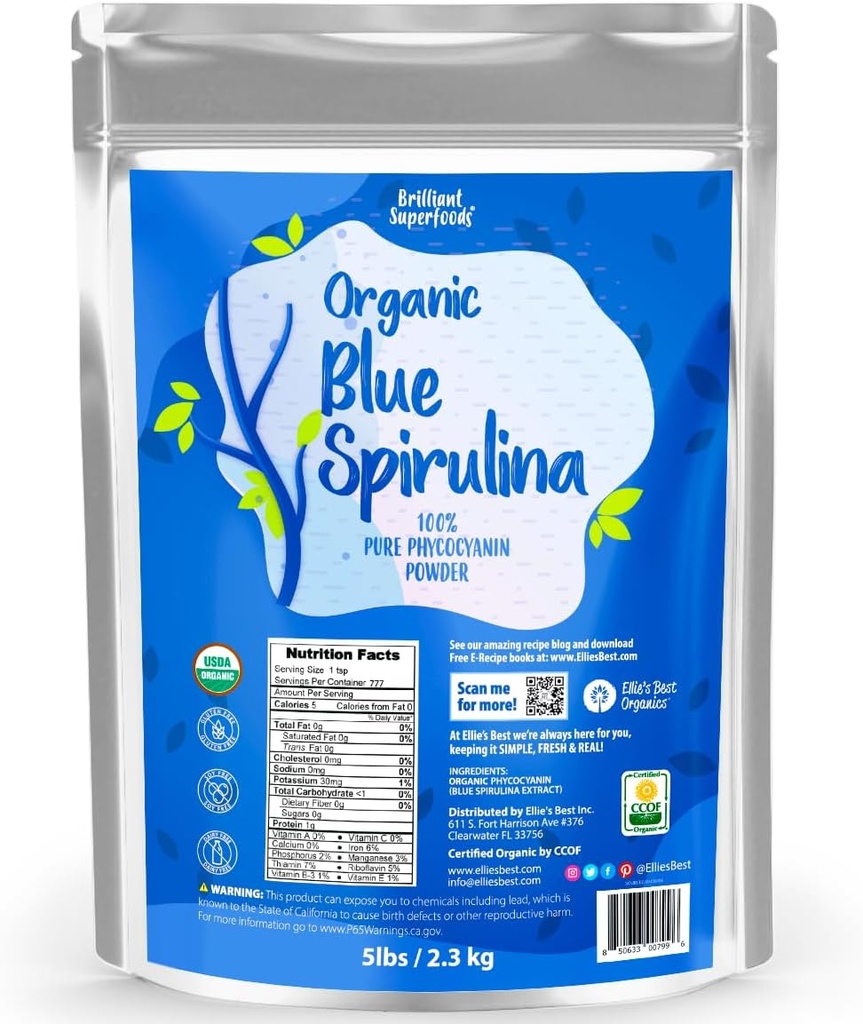 Ecológico Blue Spirulina Powder Superfood Suplemento - 5LB Bulk - Odorless - Vegan, No GMO, Sin gluten, sin lácteos, Brillante coloración de alimentos azules - Agua pura extraída