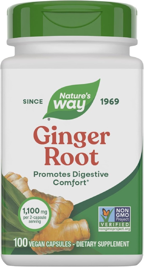 Nature's Way Ginger Root, Promotes Digestive Comfort*, 1,100 mg Per 2-Capsule Serving, Non-GMO Project Verified, Vegan, 100 Capsules