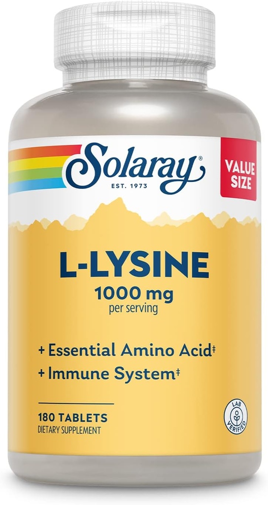 SOLARAY L-Lysine, Free-Form 1000 mg, Essential Amino Acid Immune Support Suplemento con Vitamina C 1000 mg y Zinc 25 mg, Tamaño del valor, Garantía de 60 días Lab, 60 Serviciones, 180 Tabletas