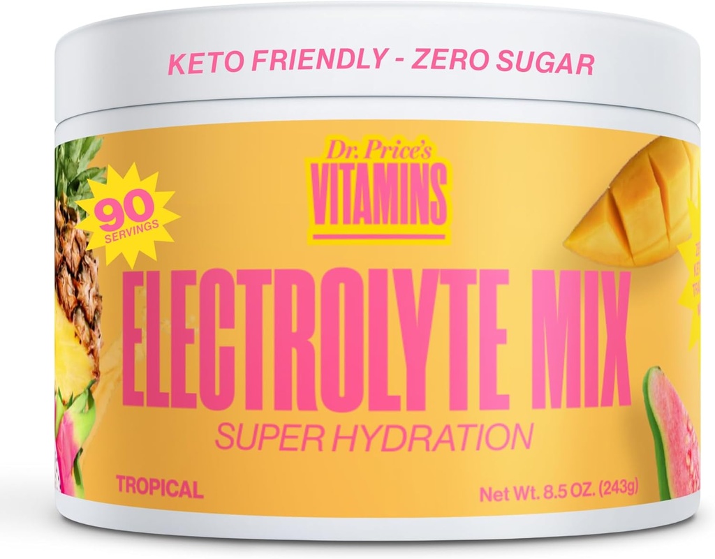Dr. Price's Electrolyte Mix ← Polvo de hidratación libre de azúcar con 72+ Trace Minerals ← No Azúcar, Electrolitos de resolución rápida Embalajes de polvo ¦ Tropical, 90 Servimientos