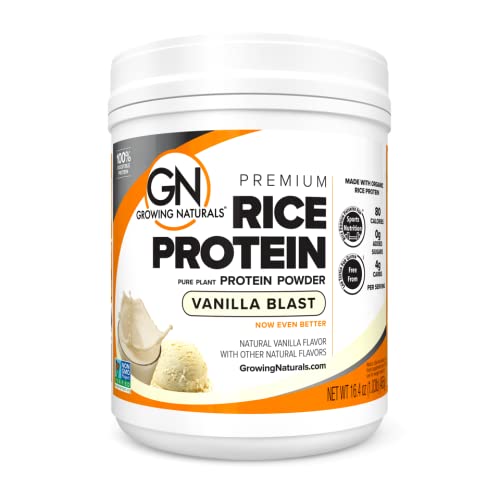 Growing Naturals Organic Rice Protein Powder - 15g Plant Protein, 2.8G BCAA - Low-Carb, Low-Sugar, Non-GMO - Vanilla Blast, 16.4 Ounce (Pack of 1)