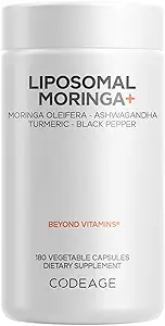 Codeage Liposomal Moringa+ Supplement, 400mg Moringa 50:1 Extract - 20,000mg Moringa Oleifera Leaf Equivalent - Turmeric, Ashwagandha, Black Pepper, 3-Month Supply, Vegan Moringa Powder - 180 Capsules