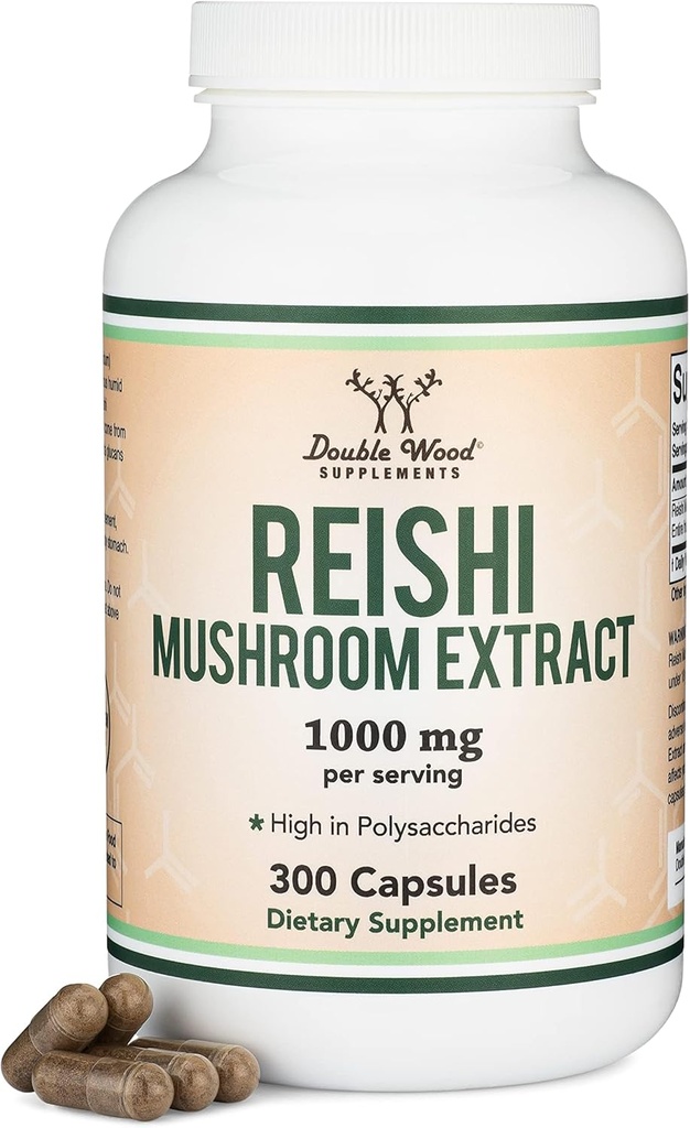 Reishi Mushroom Capsules (4:1 Ganoderma Extract, 1000mg Red Reishi Powder Servings) 300 Conde, 5 meses de suministro, Potent Mushroom Suplemento para el Sistema Immune Apoyo y Defensa por Madera Doble