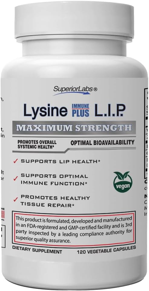 Laboratorios superiores Lysine Immune Plus Lip, Salud de Lip clínicamente probada, L-Lysine Bound to HCI for Optimal Stability & Absorption for Fast Results, Bioactive with Zero Harmful Additives