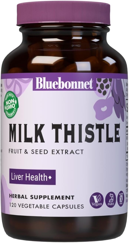 BlueBonnet Nutrition Milk Thistle Fruit " Seed Extract, Liver Health*, Non-GMO, Vegan, Kosher Certified, Gluten-Free, Soy-Free, 120 Vegetable Capsules, 120 Servings