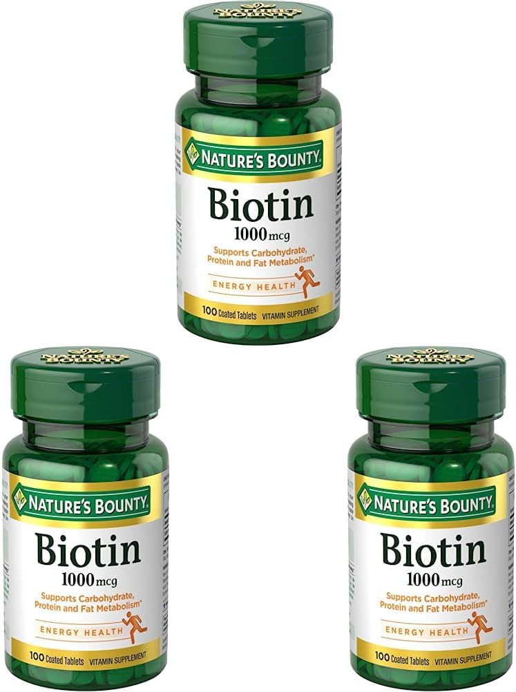 Biotina Bounty, Suplemento de vitaminas, apoya el metabolismo de la energía celular y el cabello saludable, la piel y las uñas, 1000 mcg, 100 Tabletas (Pack of 3)