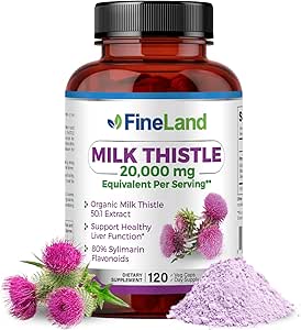 FineLand Milk Thistle Pills 50:1 Extract – 120 Vegan Capsules - 20,000 mg Strenght with 80% Silymarin Flavonoids – Liver & Antioxidant Support ← 50X Concentrated Seed Extract - Non-GMO, Made in USA