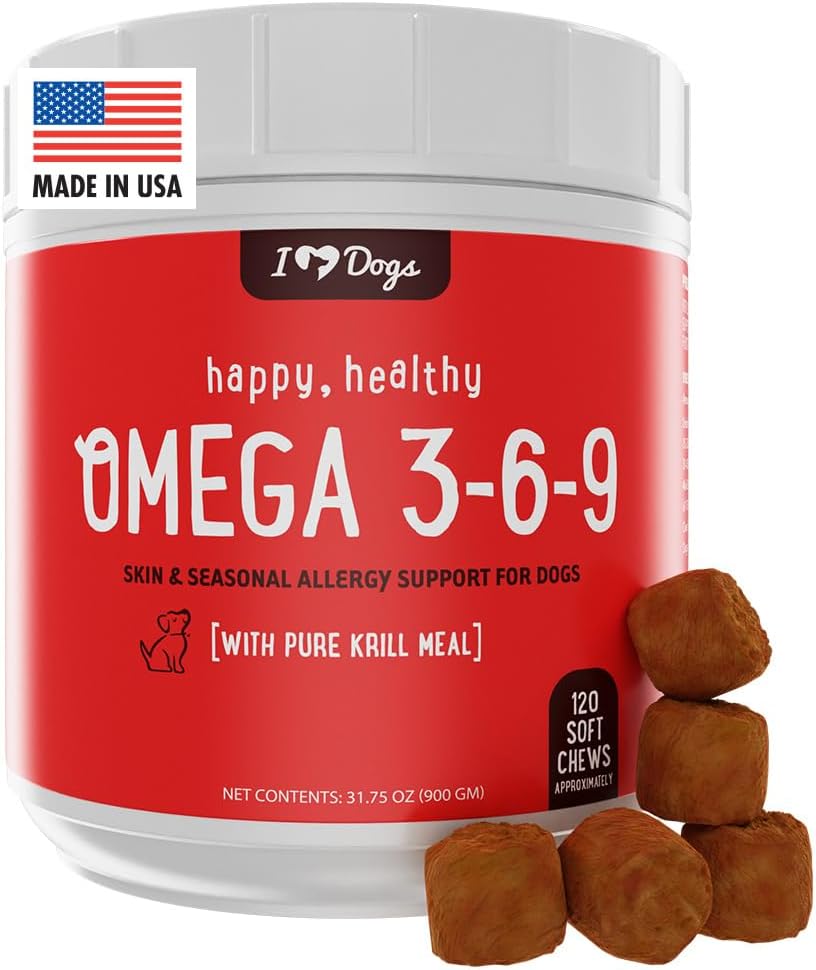 iHeartDogs Omega 3-6-9 para perros - Skin and Coat Fish Oil Supplement for Dogs with Pure Antarctic Krill Oil - Allergy & Itchy Skin Relief Chews, 120 Conde