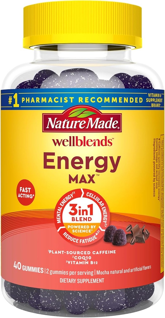 Nature Made Wellblends EnergyMAX Gummies, Fast Acting Caffeine, CoQ10 & Vitamin B12 1000mcg, Energy Support Gummy Vitamins, 40 Gummies