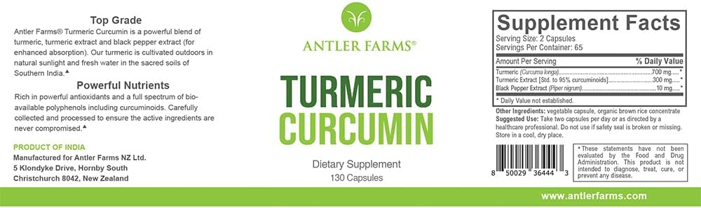 Antler Farms – 100% Pura Turmeric Curcumin, 130 Capsules, 95% Curcuminoides " Black Pepper Extract, Enhanced Absorption – Vegan, Non GMO, No Gluten, Soy o Dairy