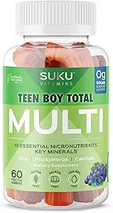 SUKU Chico Adolescente Gummies multivitamínico – Vitaminas A, B12, C, D3, E, Zinc " Biotin – Suplemento Vegetariano Libre de Azúcar para la Energía, el Crecimiento, Immune " Bone Health – Grape Flavor – 60 Con