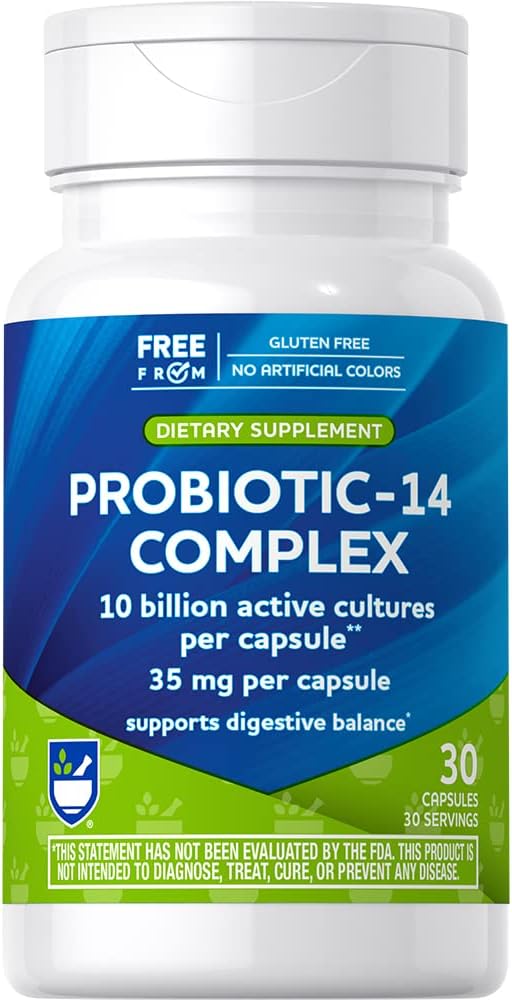 Rite Aid Probiótico 14 Complejo 10 billón - 30 Cuenta, Restauración de buenas bacterias, salud de colon, probiótico diario de salud de colon, probiótico de mens y mujeres