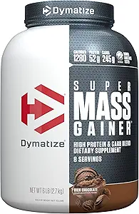 Dymatize Super Mass Gainer Protein Powder, Rich Chocolate, 52g Protein, 1g Creatine, 1280 Calories, 10.7g BCAAs, 245g Carbs, Contiene Whey Protein Powder, Isolate, y Casein (8 Servings)