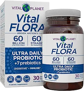 Planeta Vital - Vital Flora Ultra Daily Probiotic 60 Billones CFU, Strains Diversos, Prebióticos Orgánicos, Apoyo Inmunitario, Alivio de Bloating, Probióticos de Salud Digestiva para Mujeres y Hombres 30 cápsulas