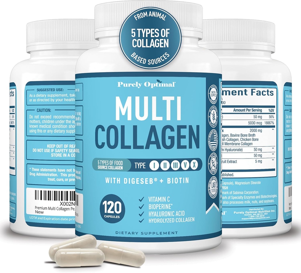 Péptidos Multi Collagen Premium (Tipos I, II, II, V, X) - Píldoras de colágeno para el cuidado de la piel, el crecimiento del cabello, uñas &amp; juntas - Vitamina C, Ácido Hialurónico, Biotina, Gluten Gratis - 120 cápsulas de colágeno