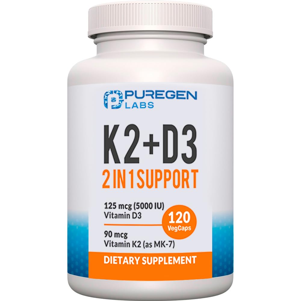 2 en 1 alta potencia Fórmula 90mcg Vitamina K2 (MK7) y 5000 UI Vitamina D3 Suplemento para el Hueso y la Salud del Corazón. Fórmula no GMO, Complejo de vitamina D & K fácil de absorber, 120 cápsulas I 4 meses de suministro