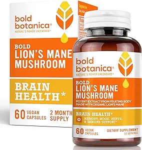 Bold Botanica Lion’s Mane Mushroom Capsules - 100% Fruiting Body – Concentrated Organic Lion’s Mane Extracts – Nootropic Brain Health – Memory, Mood, Immune Support – 60 Vegan Capsules