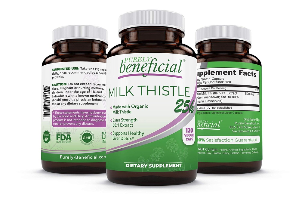 PURELY beneficioso Esteto de leche orgánica cápsulas, 50:1 Extracto de esteto de leche, Silybum Marianum 25000 mg Fuerza, Limpiador de hígado y soporte antioxidante, 120 cápsulas de veg, Vegan " No GMO
